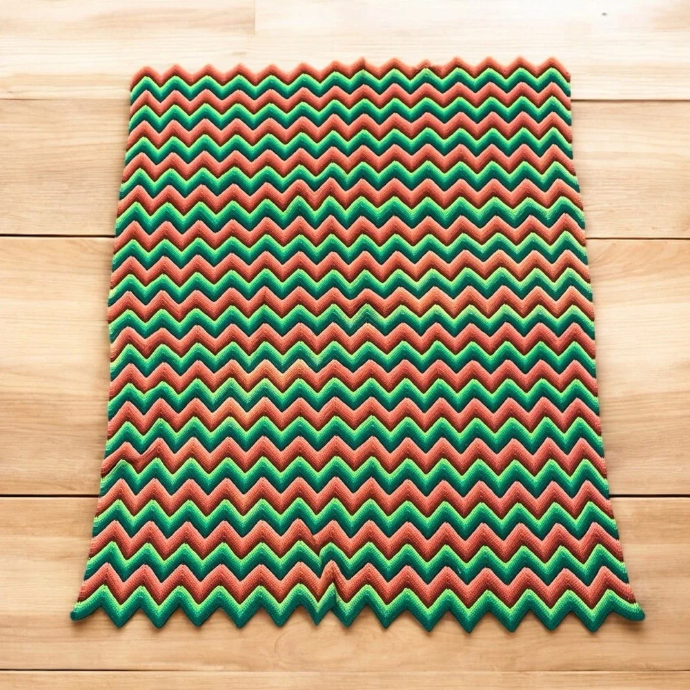 Striped Chevron Knit Throw Blanket in Green and Tan - Picture 4 of 12